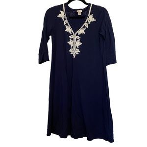Navy shift dress with white embroidery